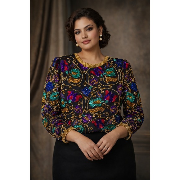 Oleg Cassini Tops - Oleg Cassini Black Tie Vintage Silk Embellished Blouse 90s Glam Statement Size L